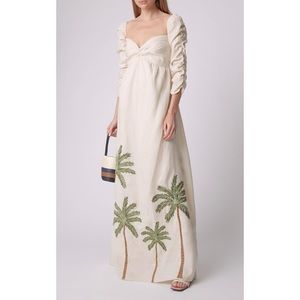 NWT Agua Bendita America Palm-Detailed Linen Dress
